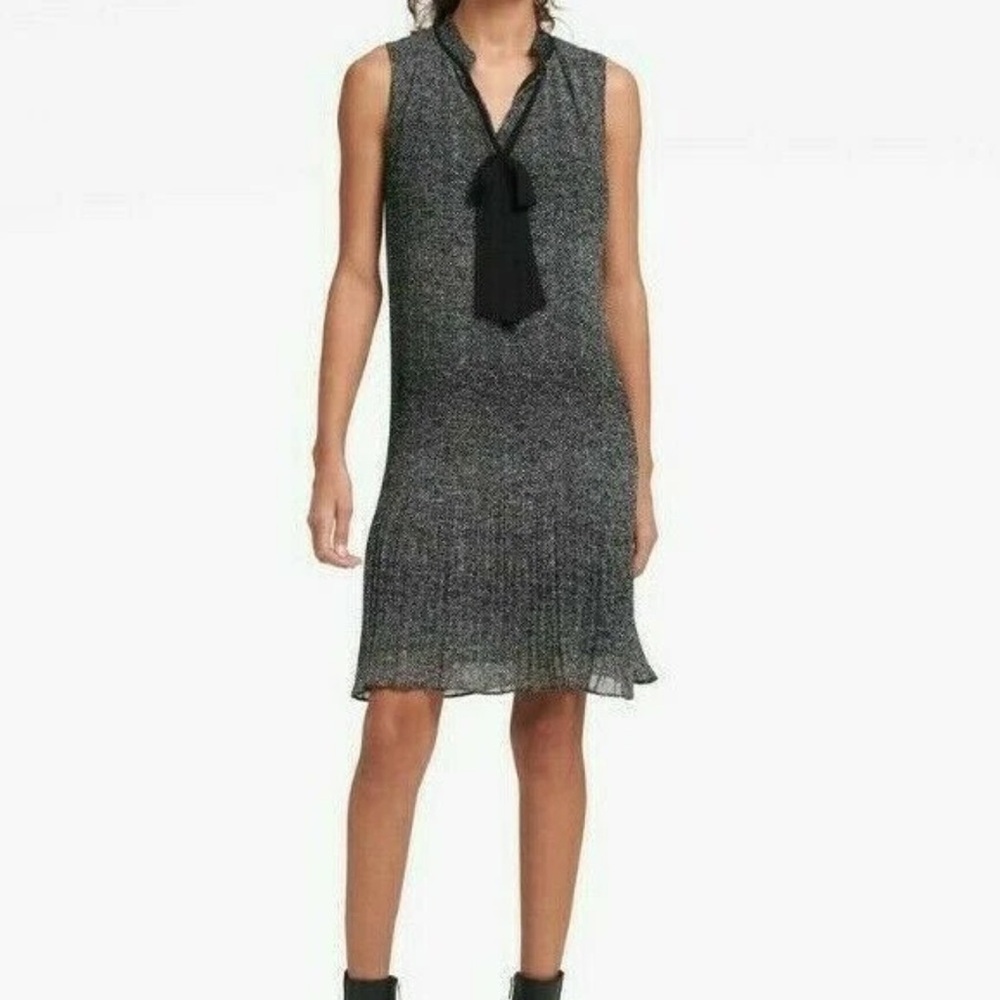 NWT DKNY Black Gray Pleated Sleeveless Midi Sheath Dress Tie Bow Flowy Sz16